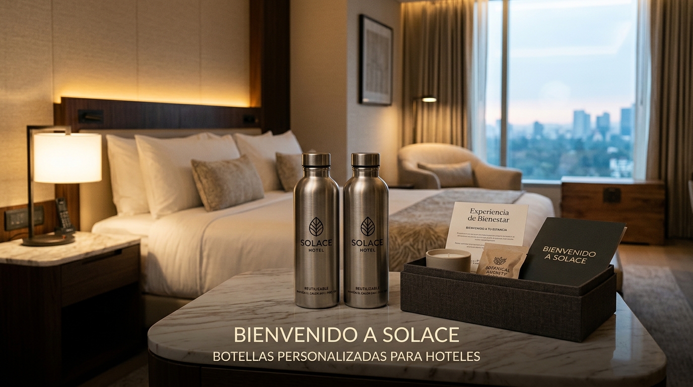 Botellas y termos con logo para habitaciones, spas, zonas wellness, packs de bienvenida y experiencias premium para huéspedes.